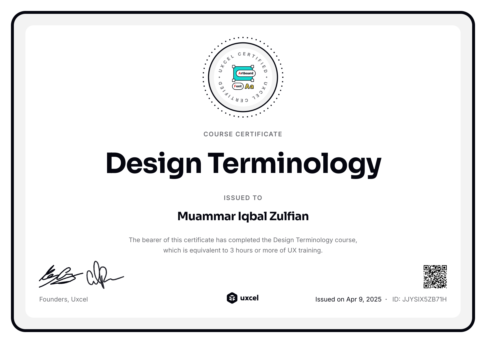 Muammar Iqbal Zulfian's certificate